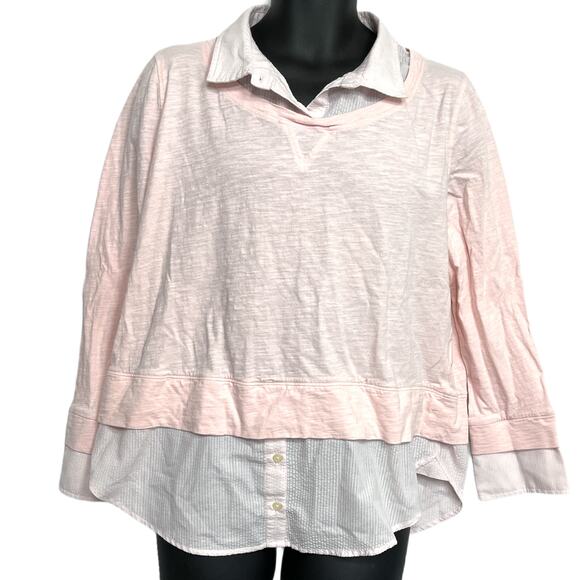 Tommy Hilfiger Top XL Light Pink Long Sleeves 100% Cotton Layered Look Preppy - Picture 1 of 6